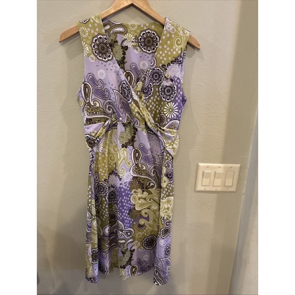 Prana Women's L Green Faux Wrap Paisley Sleeveless Belt V-neck Summer Midi Dress